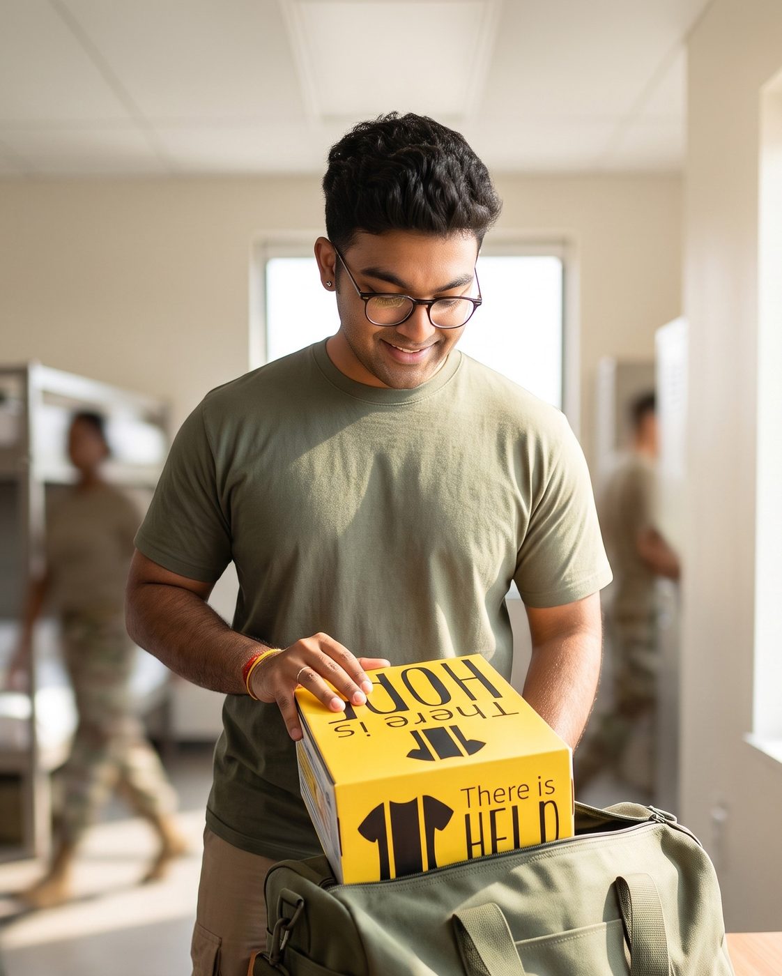 An enlisted service member packing his Suspenders4Hope® Starter Kit into his bag