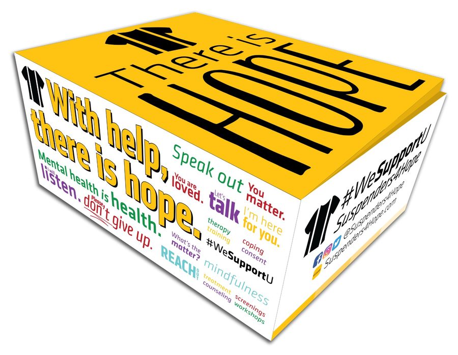 A Suspenders4Hope® Starter Kit box that reads 'There is Hope' and 'With help, there is hope'