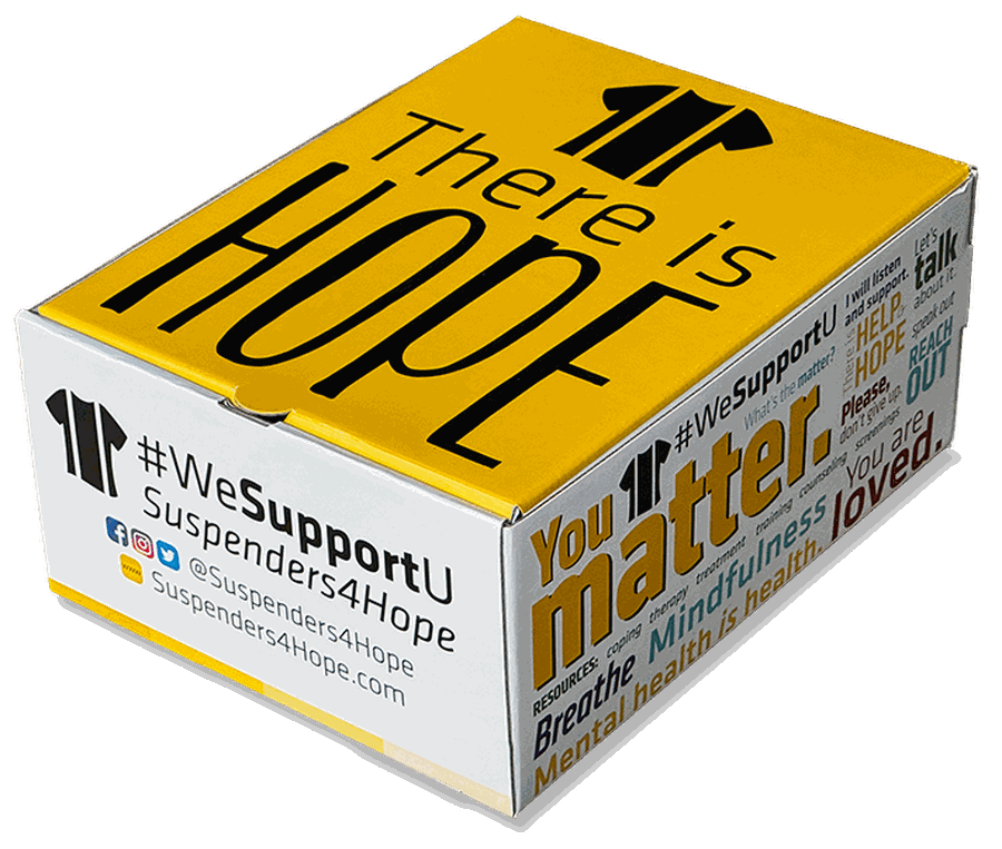 A Suspenders4Hope® Starter Kit box that reads 'There is Hope' and 'With help, there is hope'