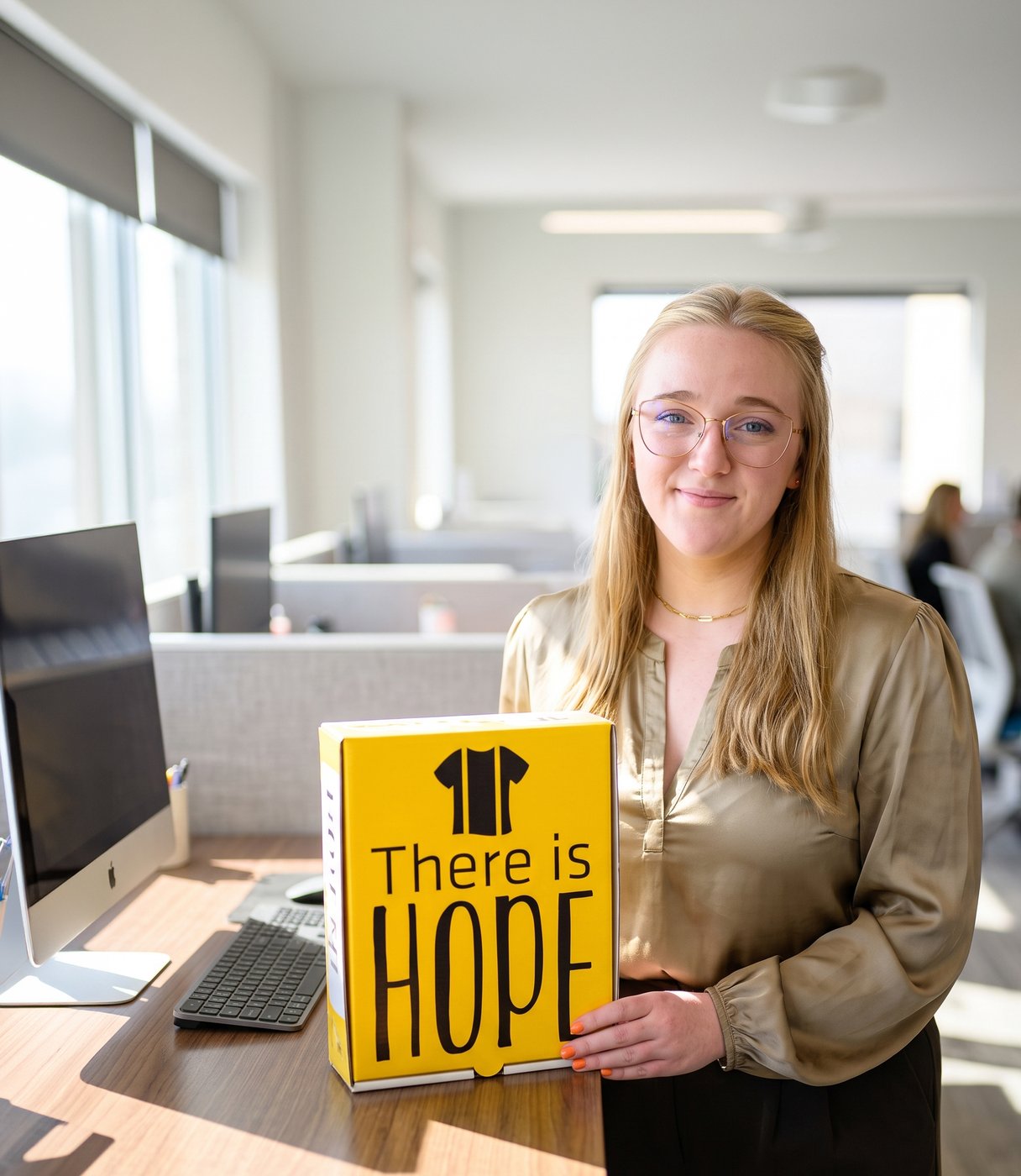 A smiling employee holding her free Suspenders4Hope® Starter Kit box at her desk