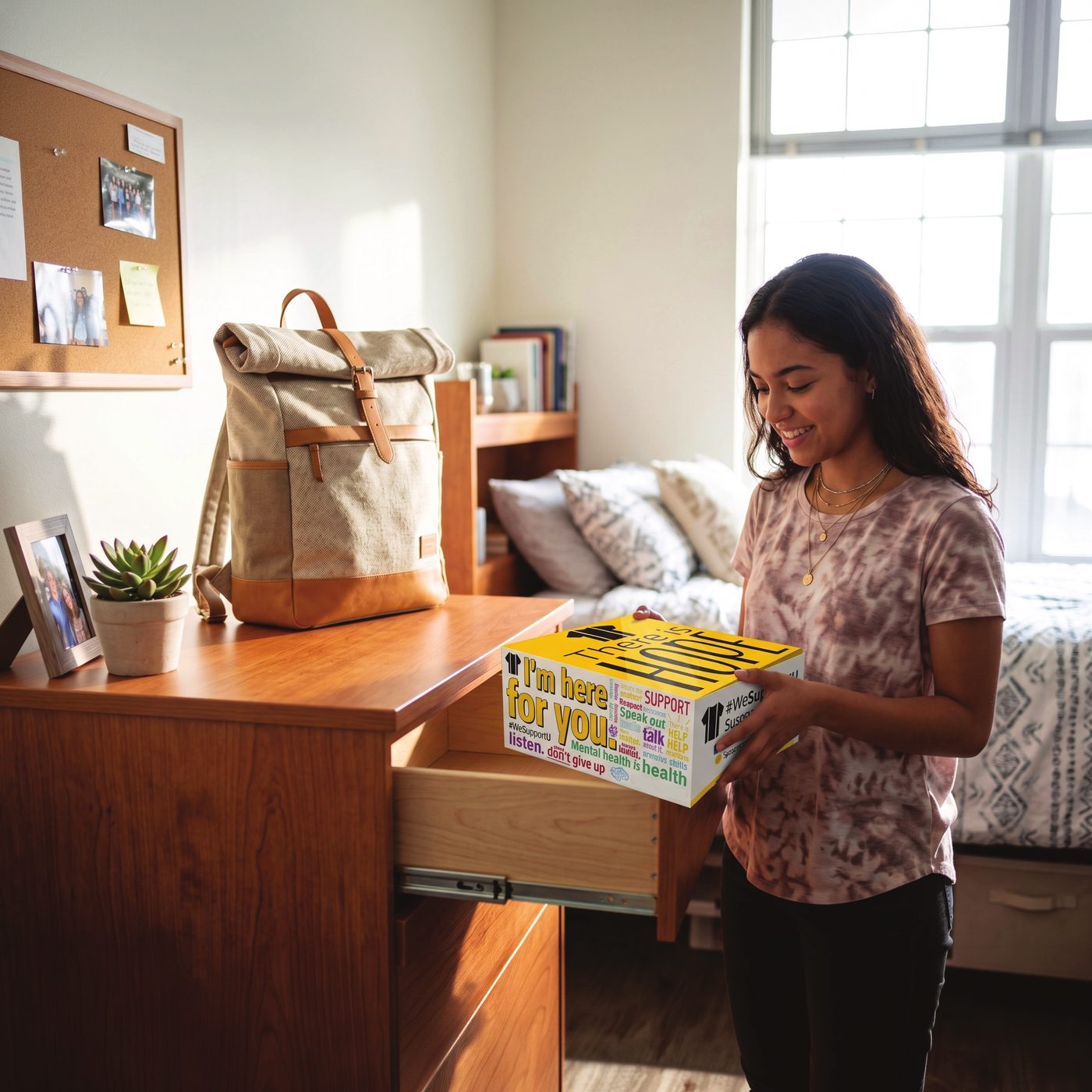 A student carrying her Suspenders4Hope® Starter Kit in her dorm room